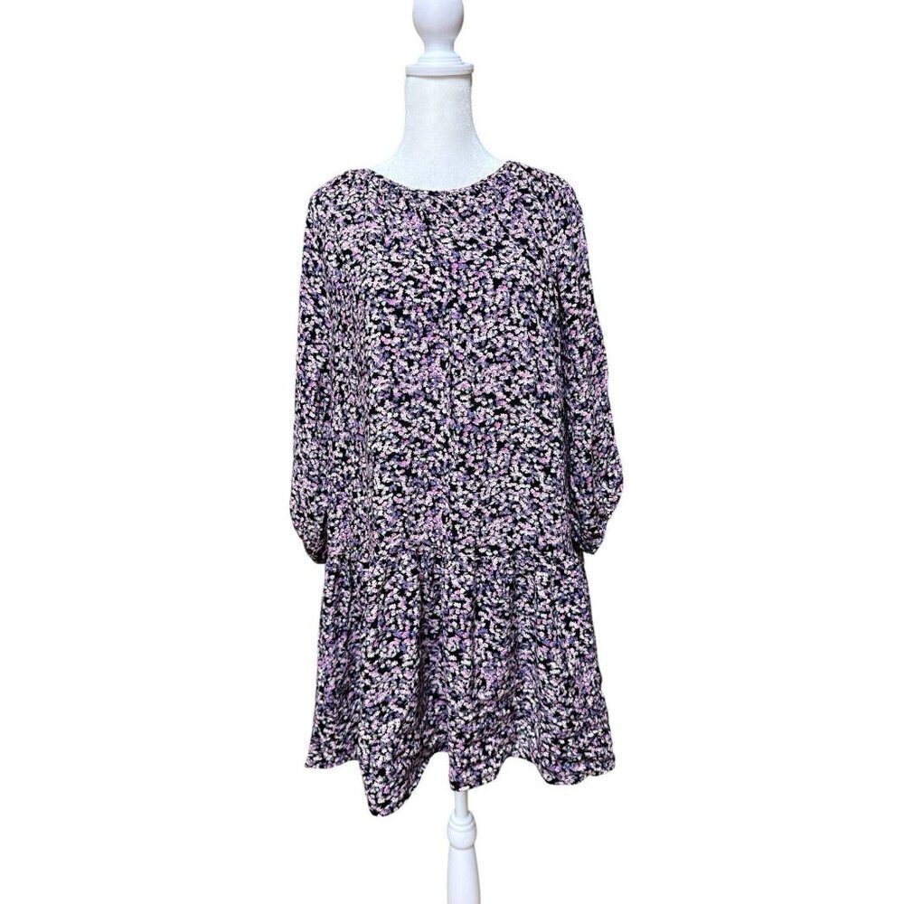 H&M Floral Babydoll Mini Dress Womens Large Purple Long Sleeve